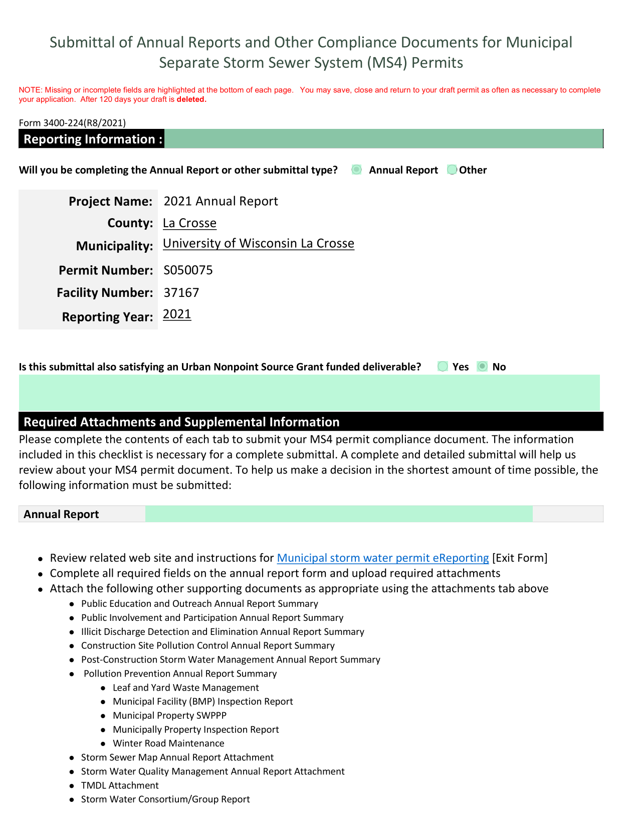 Submittal Of Annual Reports And Other Compliance Documents For Municipal Separate Storm Sewer System screenshot