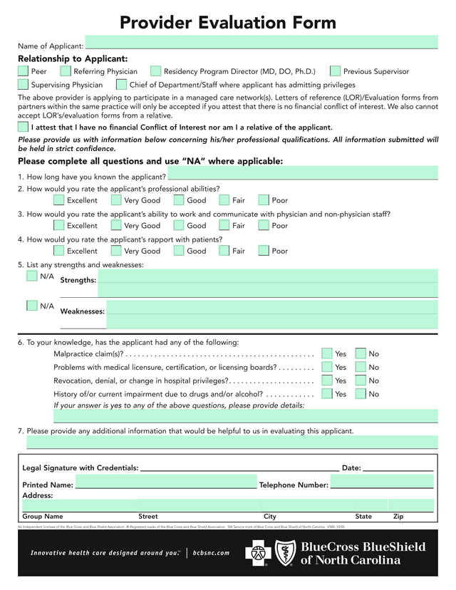Provider Evaluation Form screenshot