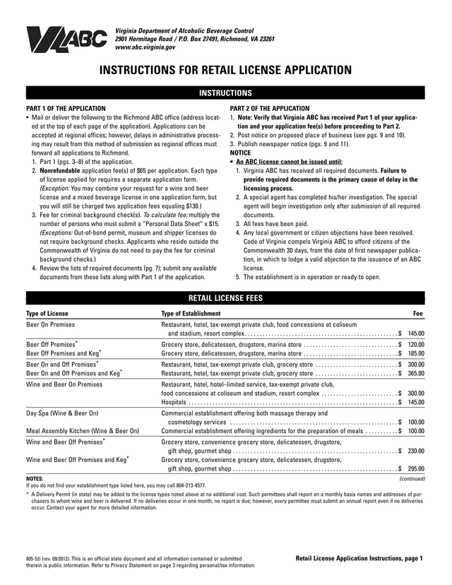 Retail License Application Instructions screenshot