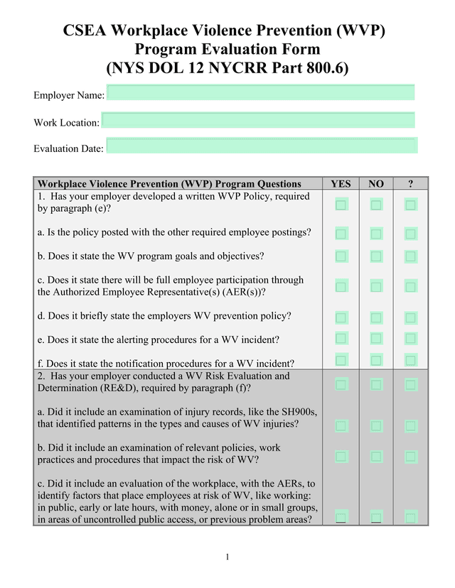 CSEA Workplace Violence Prevention (WVP) Program Evaluation Form screenshot