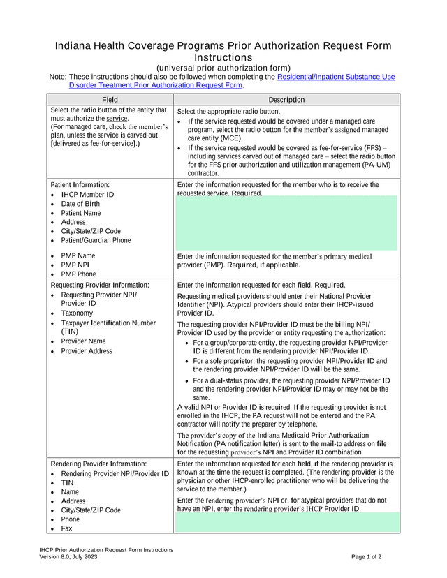 IHCP Prior Authorization Request Form Instructions screenshot