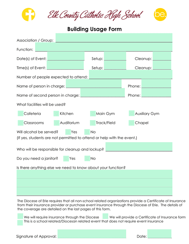 Elk County Catholic High School Building Usage Form screenshot