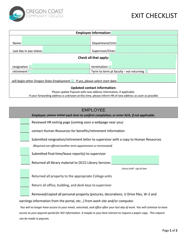 EXIT CHECKLIST screenshot