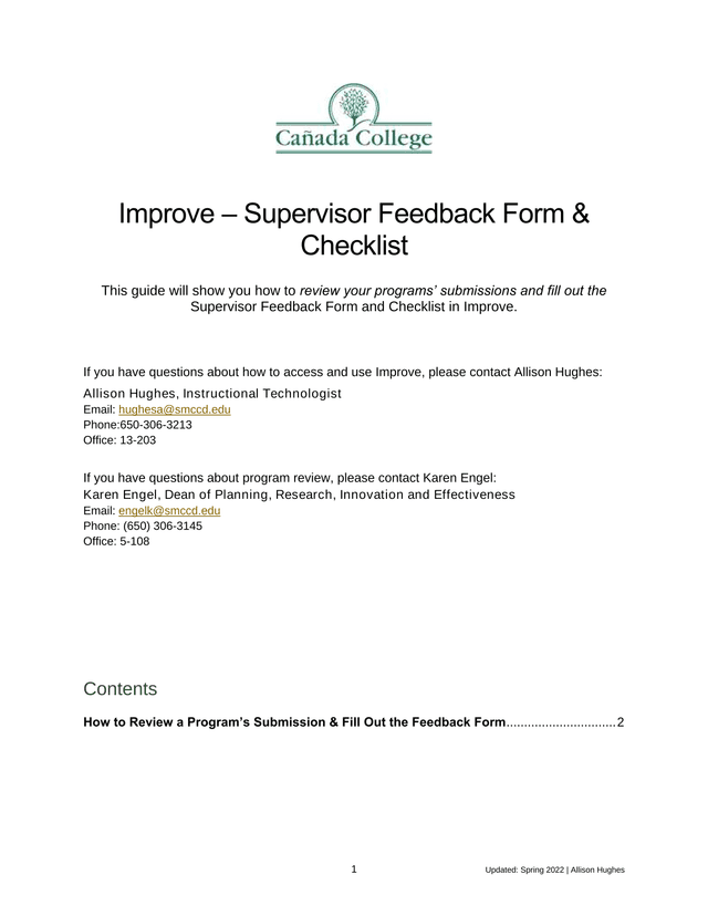 Improve  Supervisor Feedback Form  Checklist screenshot