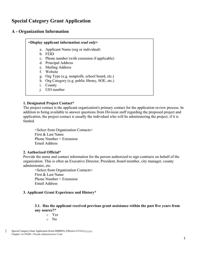 Special Category Grant Application (Form DHR002) screenshot