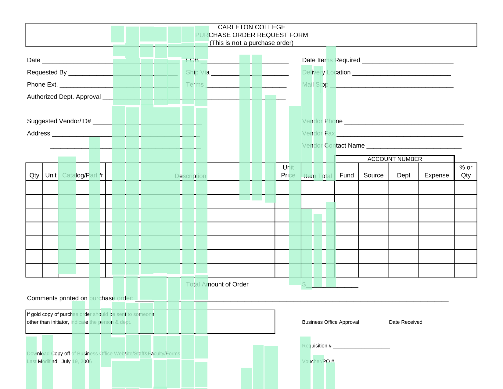 CARLETON COLLEGE PURCHASE ORDER REQUEST FORM screenshot