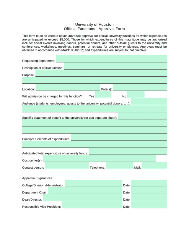 University Of Houston Official Functions   Approval Form screenshot