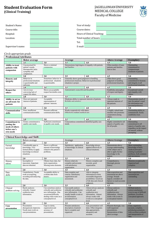 Student Evaluation Form (Clinical Training) screenshot