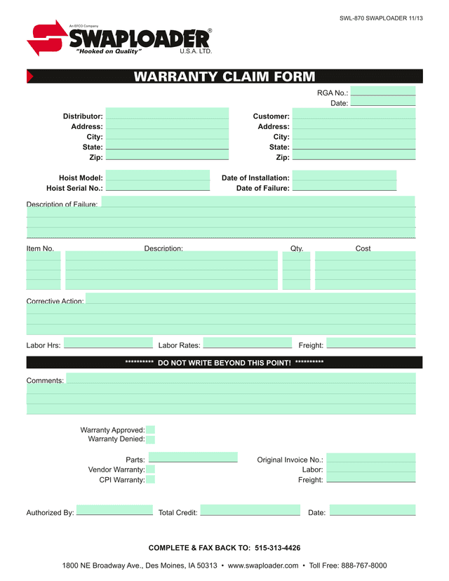 WARRANTY CLAIM FORM screenshot