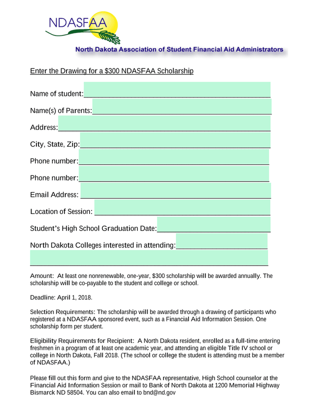 NDASFAA Scholarship Drawing Entry Form screenshot