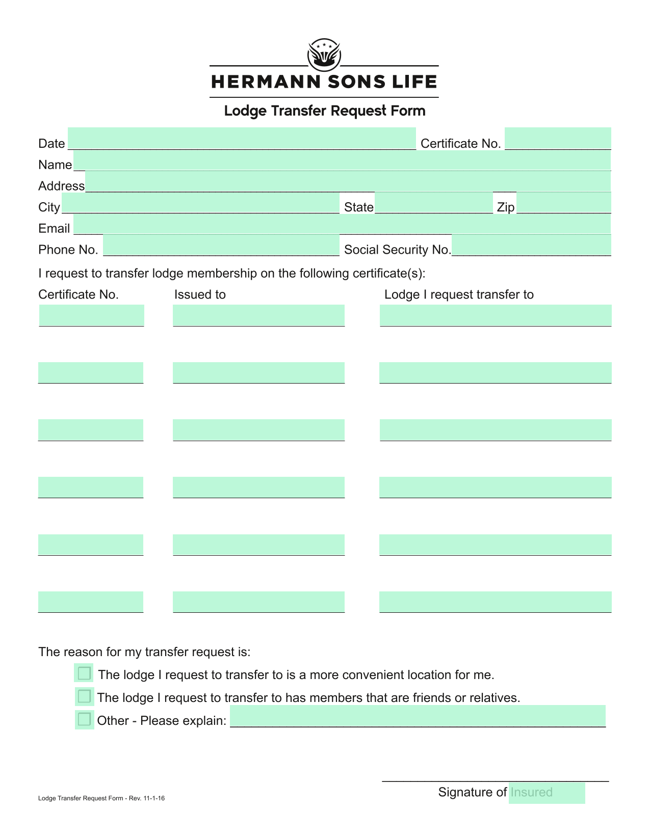 Lodge Transfer Request Form screenshot