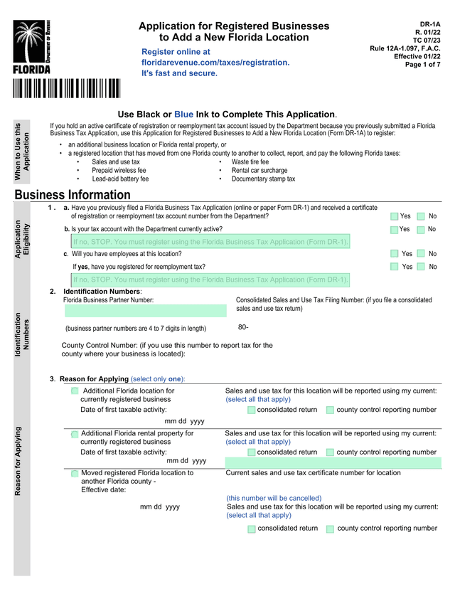 DR 1A Application For Registered Businesses To Add A New Florida Location screenshot