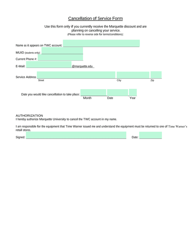 Cancellation Of Service Form screenshot