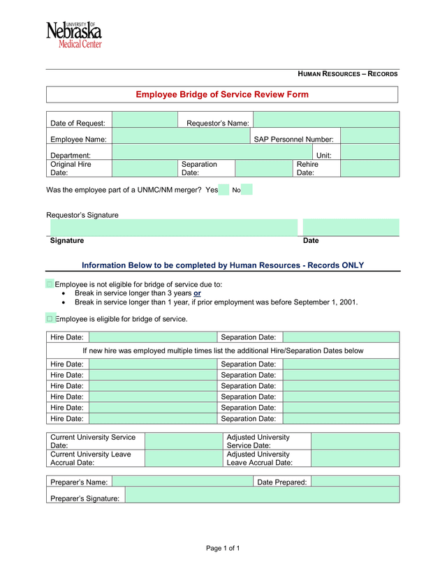 Employee Bridge Of Service Review Form screenshot
