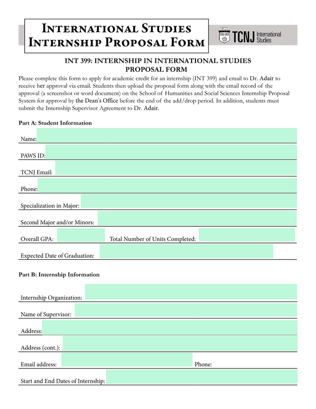 INT 399 INTERNSHIP IN INTERNATIONAL STUDIES PROPOSAL FORM screenshot