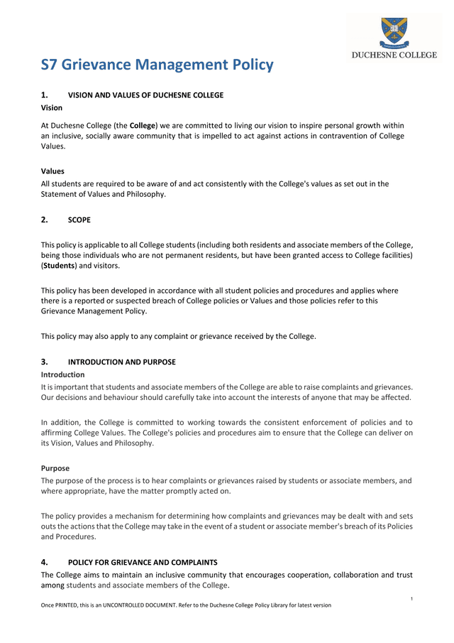S7 Grievance Management Policy screenshot