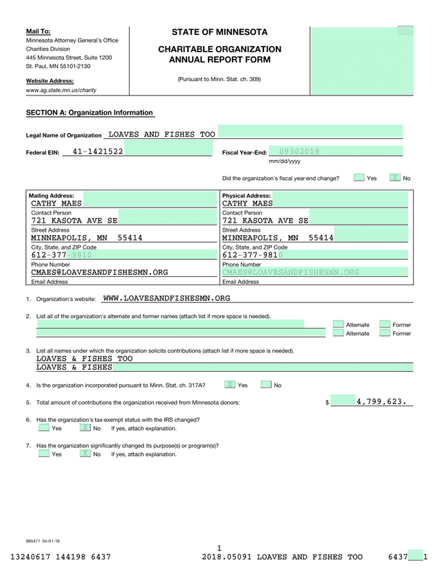 STATE OF MINNESOTA CHARITABLE ORGANIZATION ANNUAL REPORT FORM screenshot