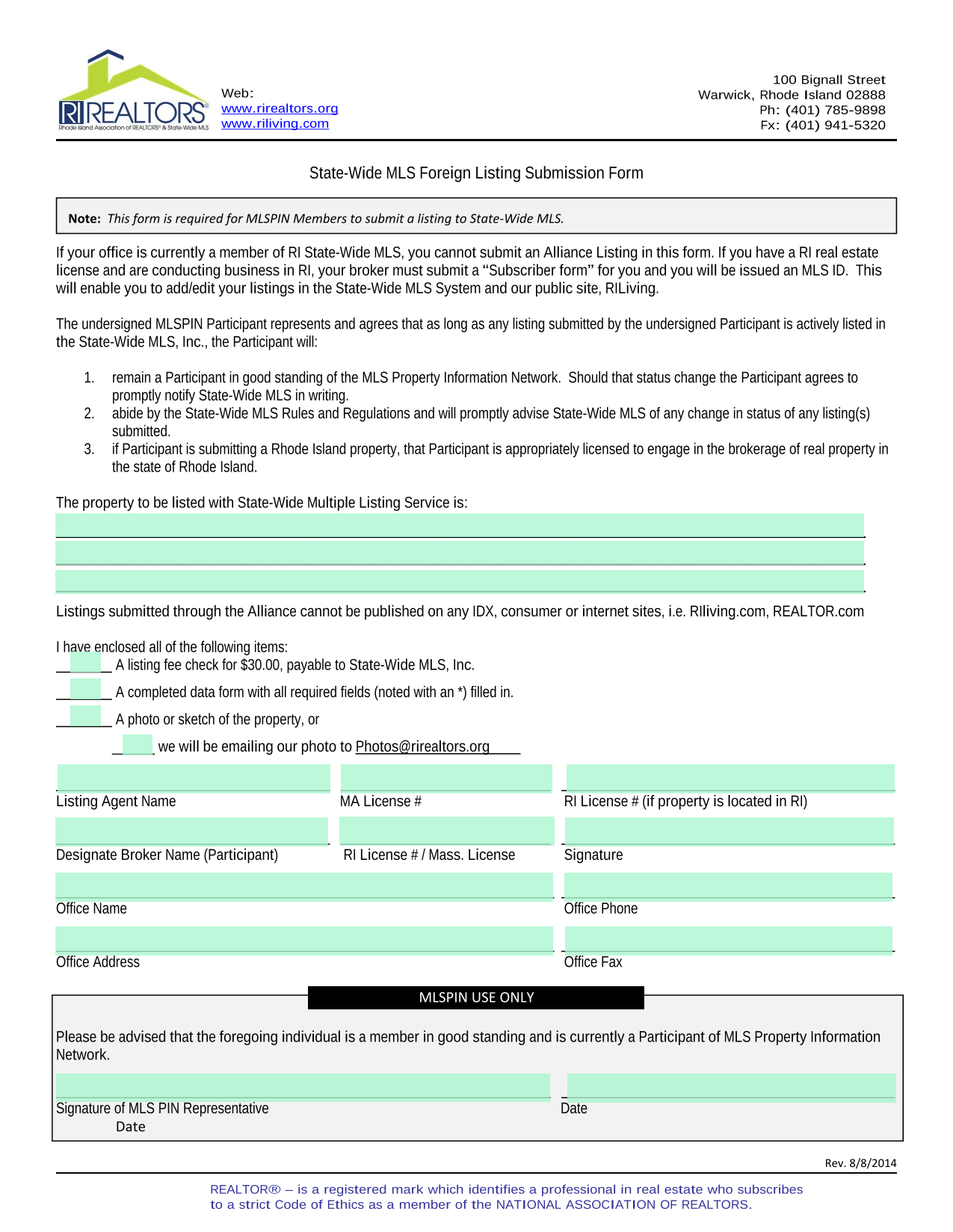 State Wide MLS Foreign Listing Submission Form screenshot