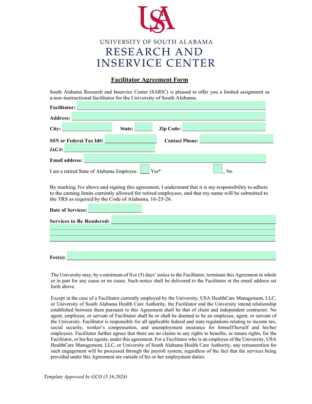 Facilitator Agreement Form screenshot