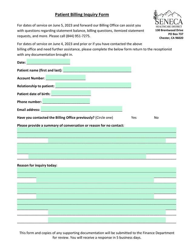 Patient Billing Inquiry Form screenshot