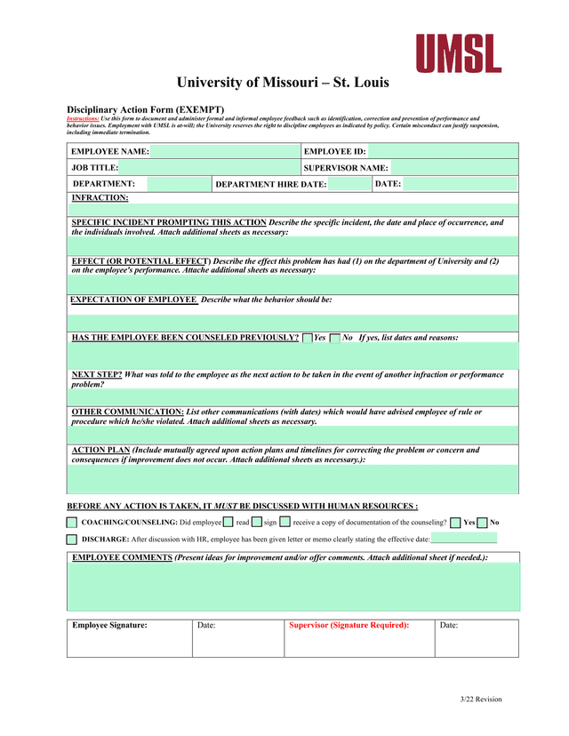 Disciplinary Action Form (EXEMPT) screenshot