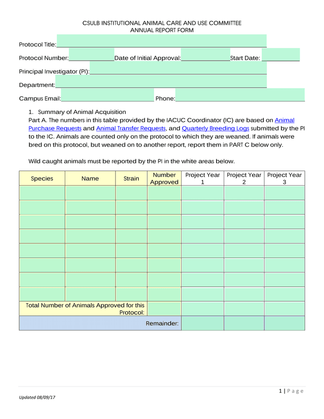 CSULB Institutional Animal Care And Use Committee Annual Report Form screenshot