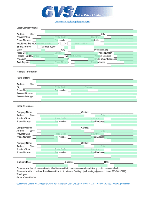 Customer Credit Application Form screenshot