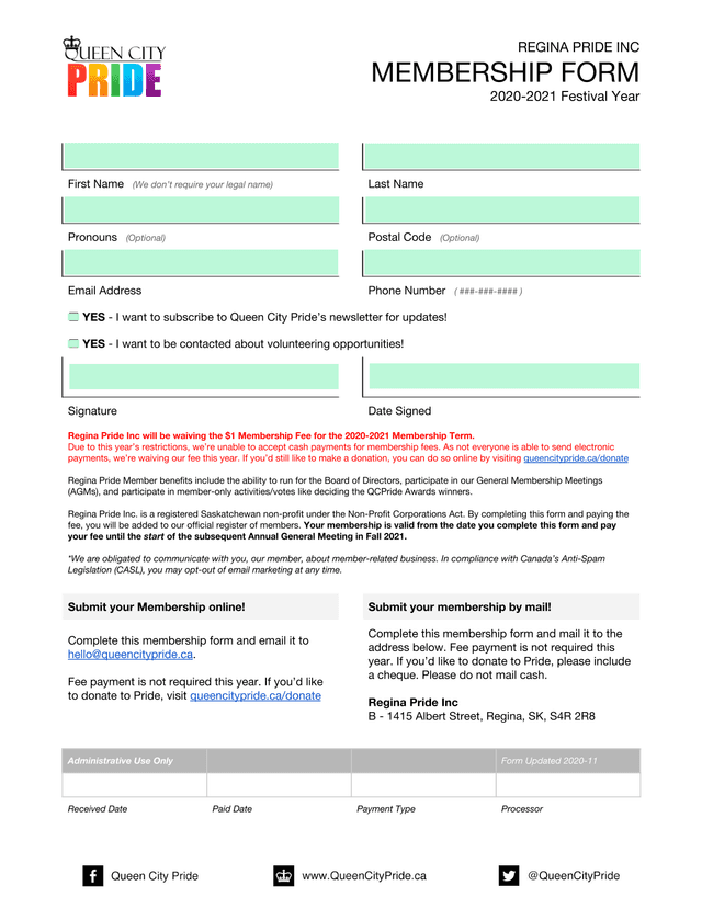 Regina Pride Inc Membership Form screenshot