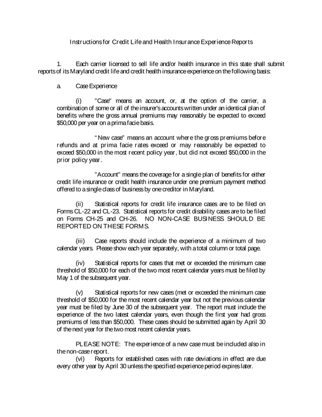 Instructions For Credit Life And Health Insurance Experience Reports screenshot