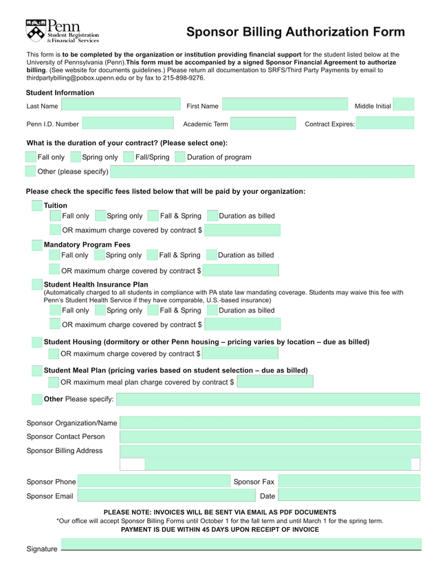 Sponsor Billing Authorization Form screenshot