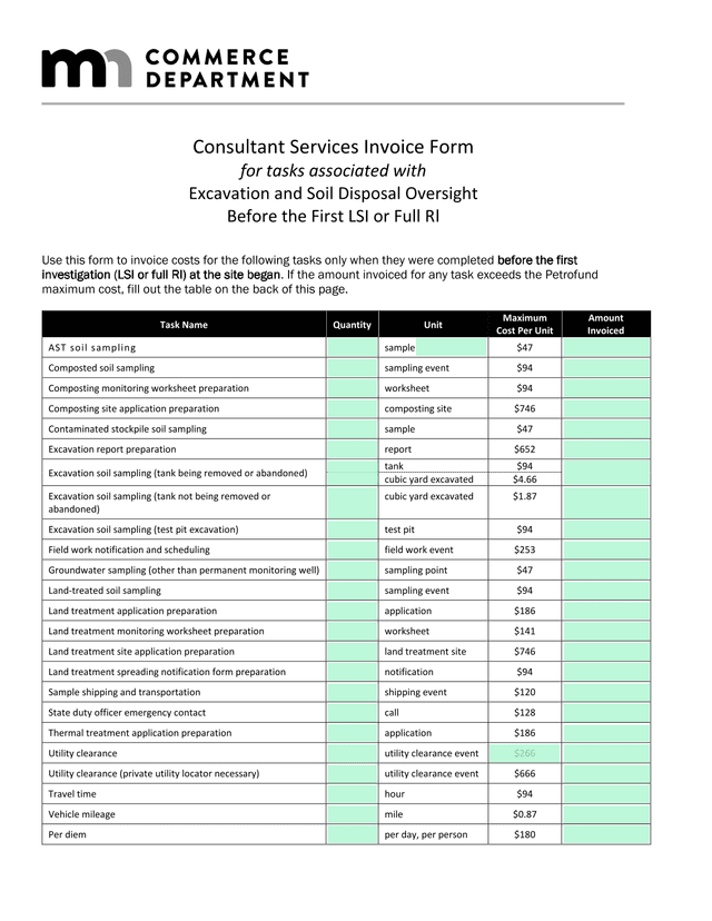 Consultant Services Invoice Form For Tasks Associated With Excavation And Soil Disposal Oversight Be screenshot