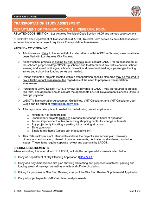CP 2151.1 Transportation Study Assessment screenshot