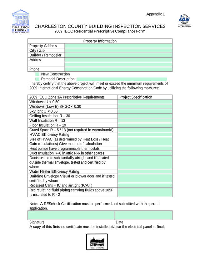 2009 IECC Residential Prescriptive Compliance Form screenshot