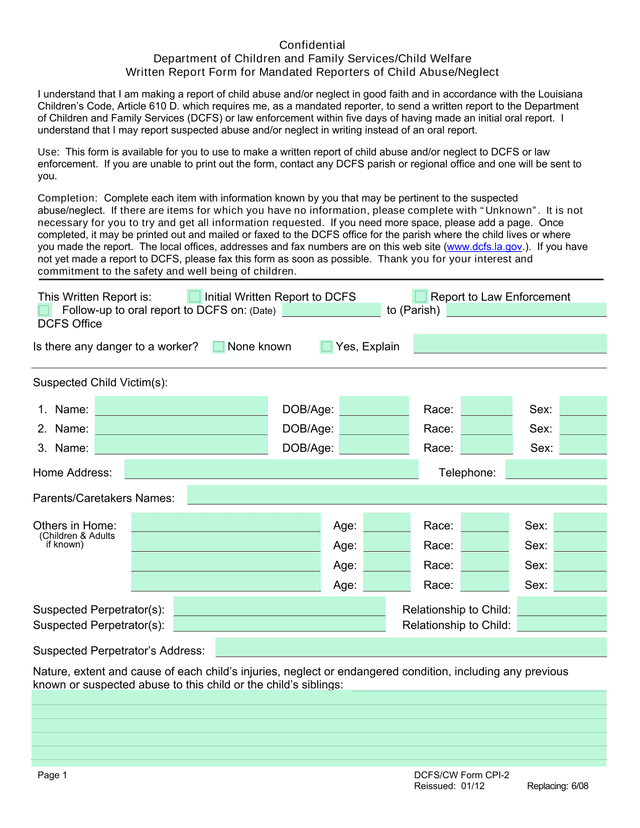 Written Report Form For Mandated Reporters Of Child AbuseNeglect screenshot