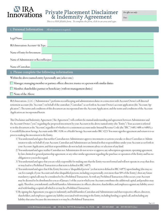 IRA Innovations Disclaimer And Indemnity Agreement screenshot