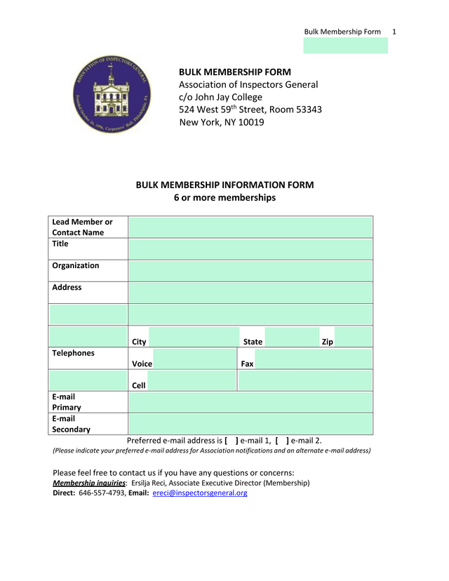 Bulk Membership Form screenshot
