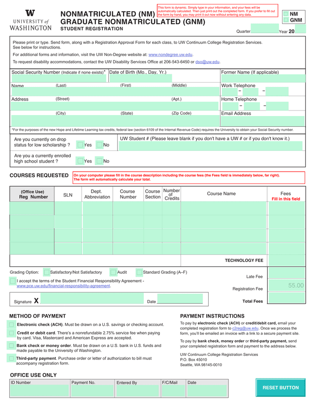 UW Continuum College Student Registration Form screenshot
