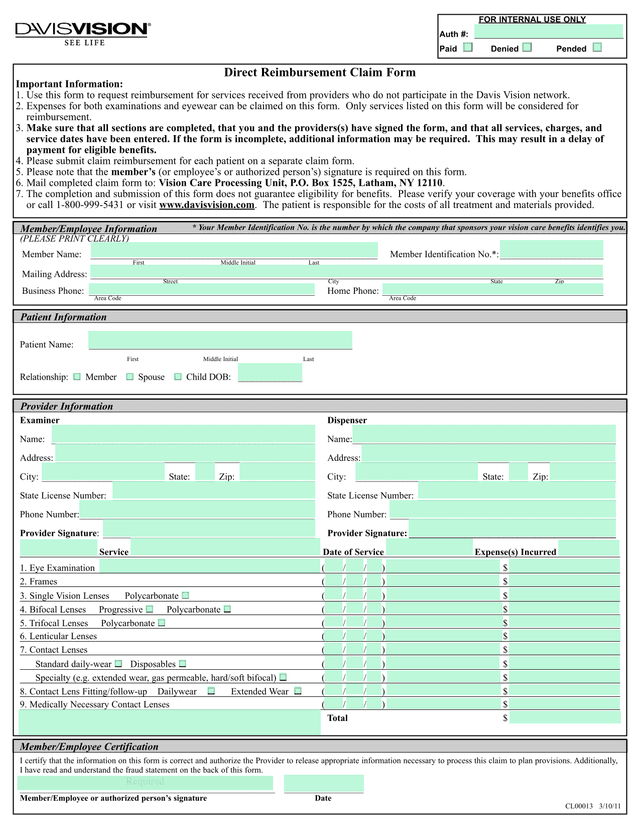 Direct Reimbursement Claim Form screenshot