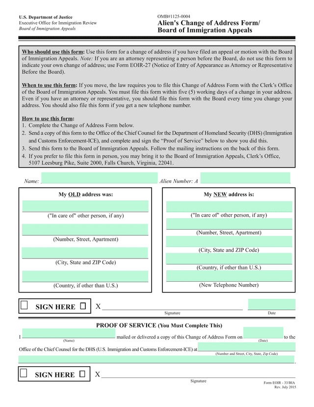 AlienS Change Of Address Form Board Of Immigration Appeals screenshot