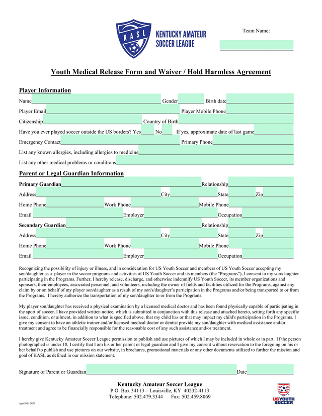 Youth Medical Release Form And Waiver  Hold Harmless Agreement screenshot