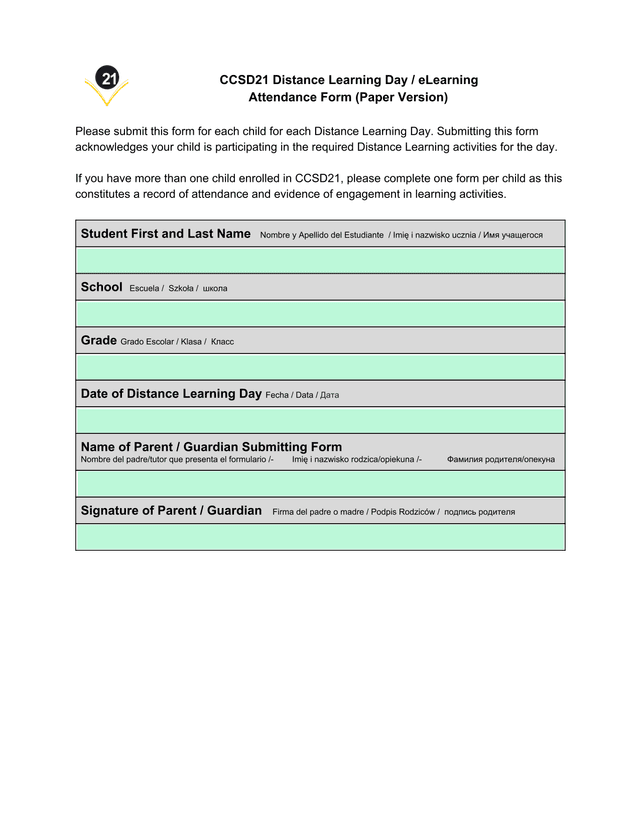 CCSD21 Distance Learning Day  ELearning Attendance Form (Paper Version) screenshot