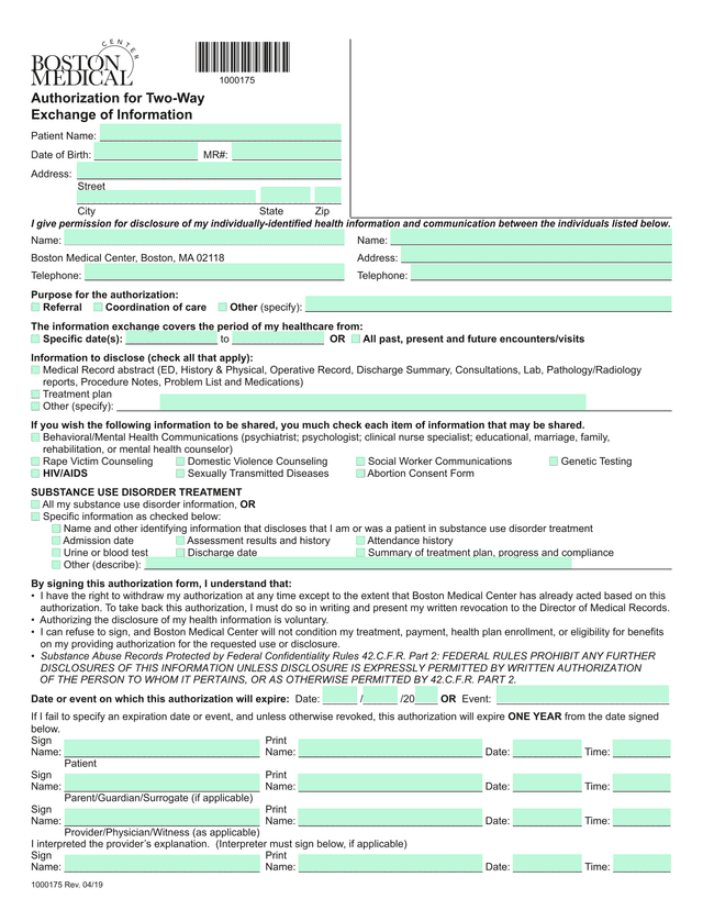 Authorization For Disclosure Of Health Information screenshot