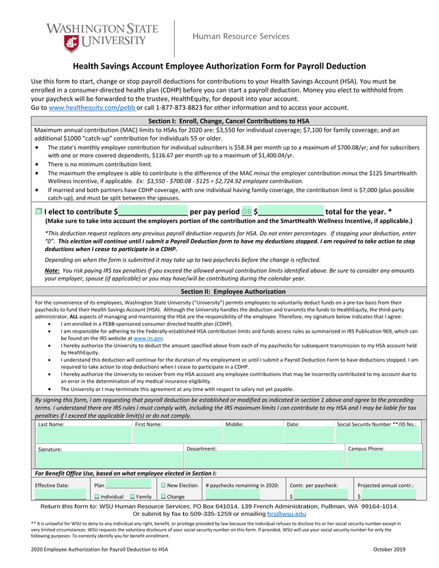 2020 Employee Authorization For Payroll Deduction To HSA screenshot