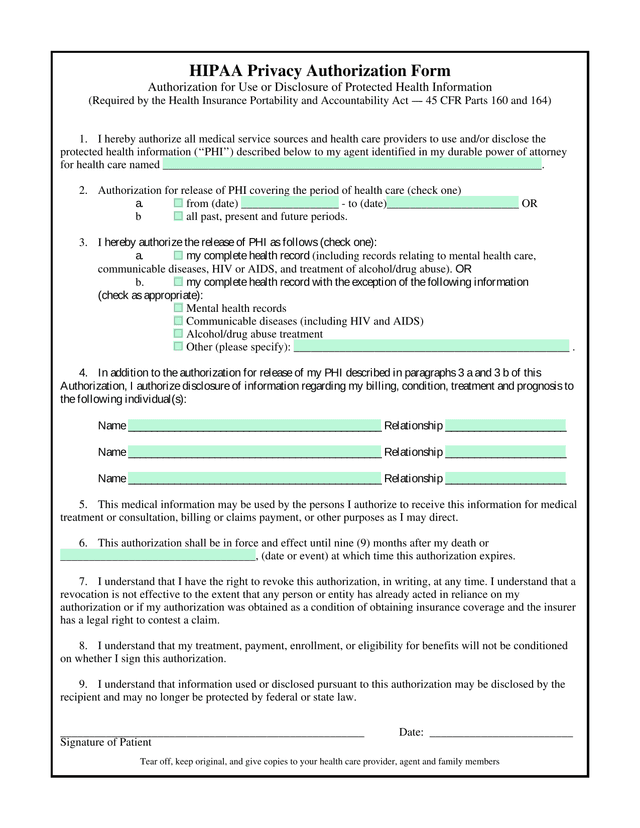 HIPAA Privacy Authorization Form screenshot
