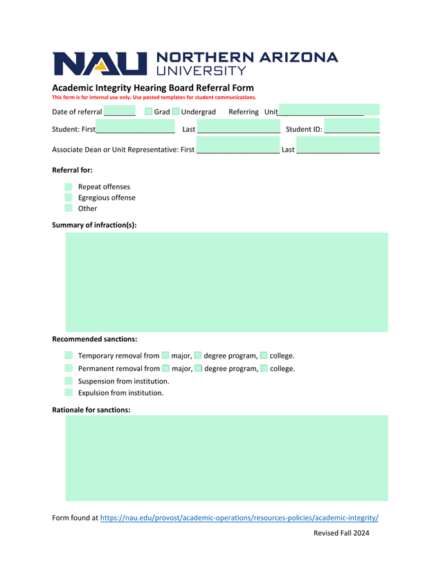 Academic Integrity Hearing Board Referral Form screenshot