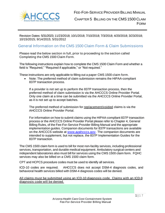Fee For Service Provider Billing Manual   Chapter 5 Billing On The CMS 1500 Claim Form screenshot