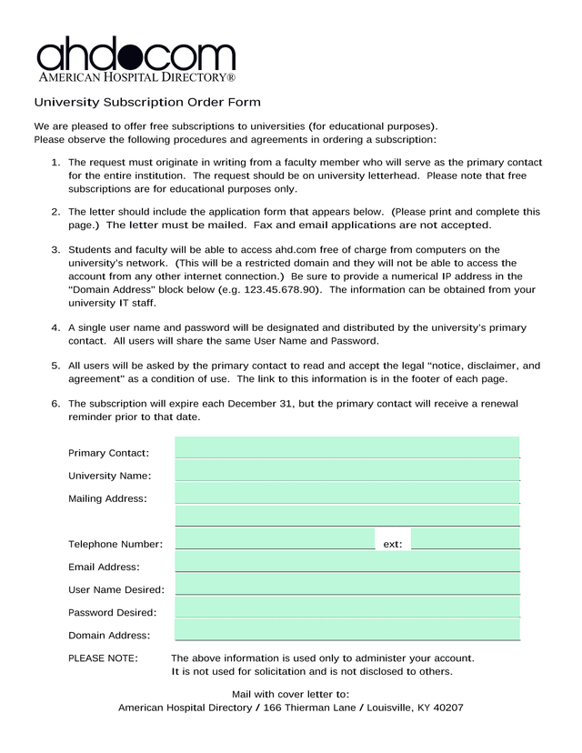 University Subscription Order Form screenshot
