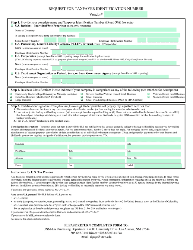 Request For Taxpayer Identification Number screenshot
