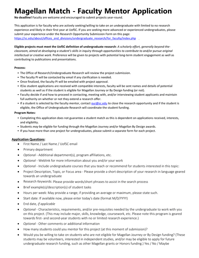 Magellan Match   Faculty Mentor Application screenshot