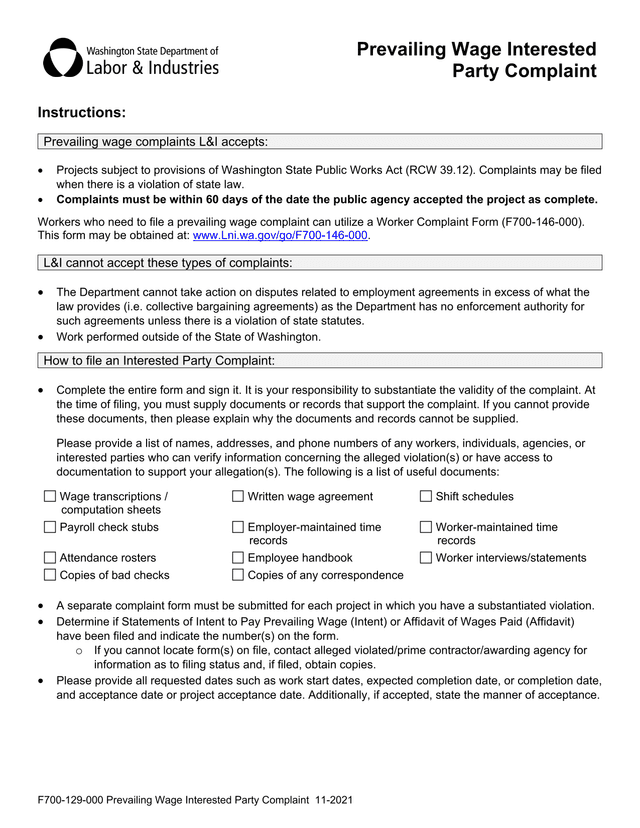 F700 129 000 Prevailing Wage Interested Party Complaint screenshot